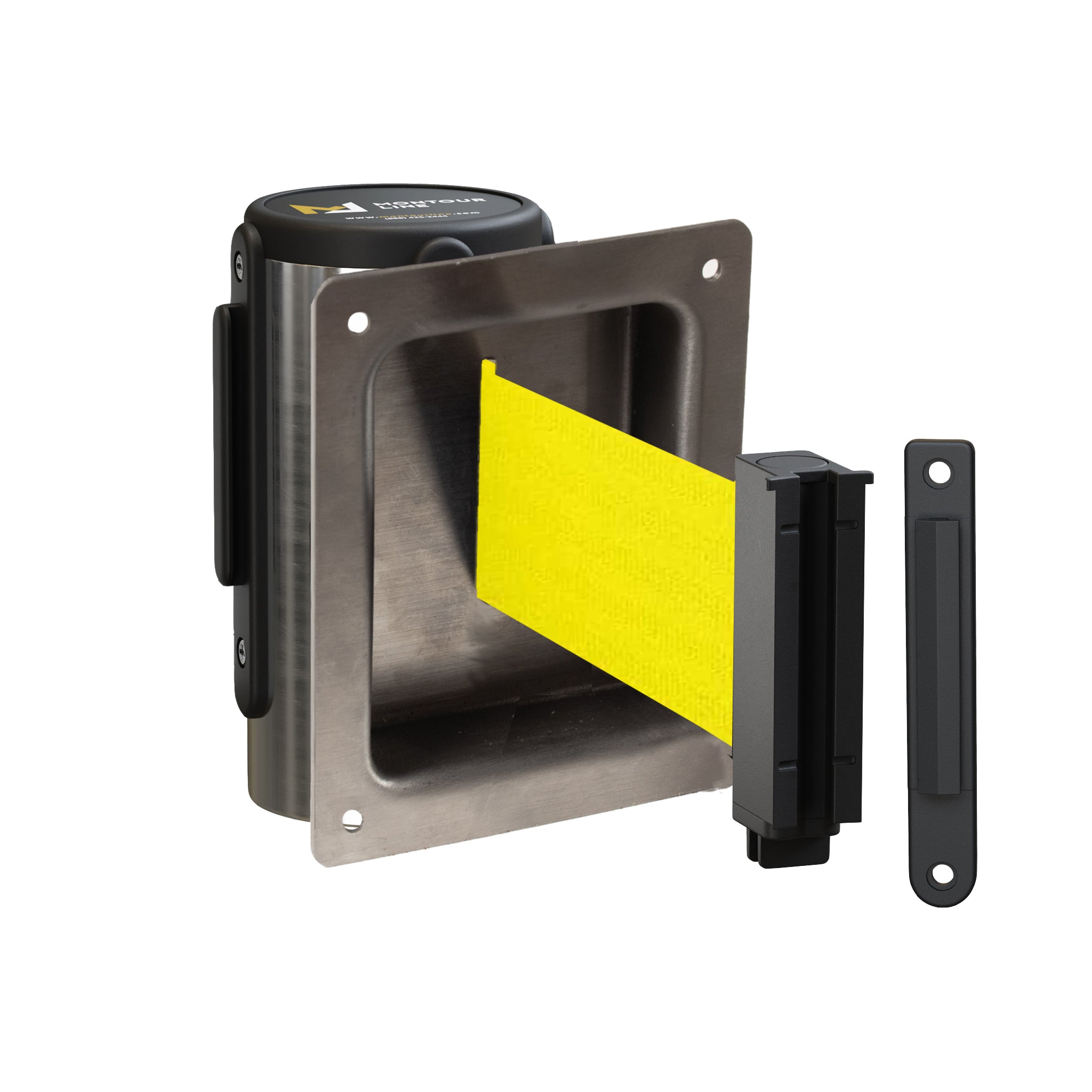 Wall Mounted Retractable Belt Barrier, Recessed Polished Stainless Steel Metal Case with Standard Belt End, 13 ft Belt - Montour Line WM115 - Crowd Control Warehouse