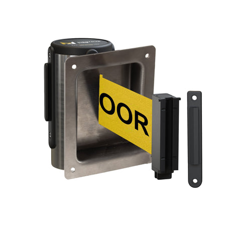 Wall Mounted Retractable Belt Barrier, Recessed Polished Stainless Steel Metal Case with Standard Belt End, 13 ft Belt - Montour Line WM115 - Crowd Control Warehouse