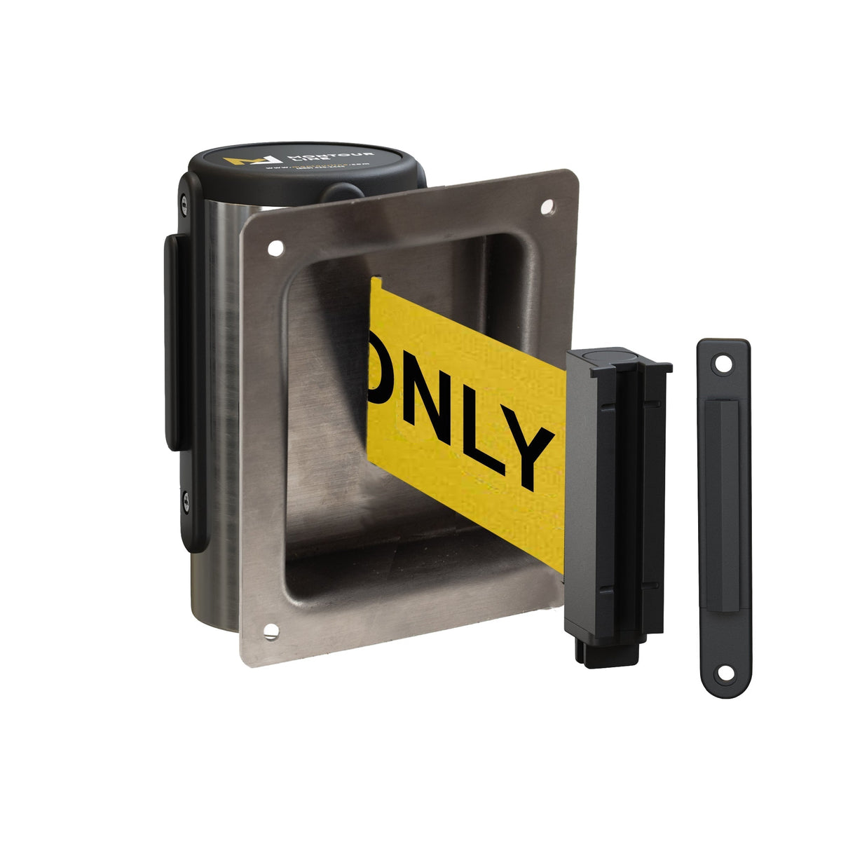 Wall Mounted Retractable Belt Barrier, Recessed Polished Stainless Steel Metal Case with Standard Belt End, 13 ft Belt - Montour Line WM115 - Crowd Control Warehouse