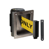 Wall Mounted Retractable Belt Barrier, Recessed Polished Stainless Steel Metal Case with Standard Belt End, 13 ft Belt - Montour Line WM115 - Crowd Control Warehouse