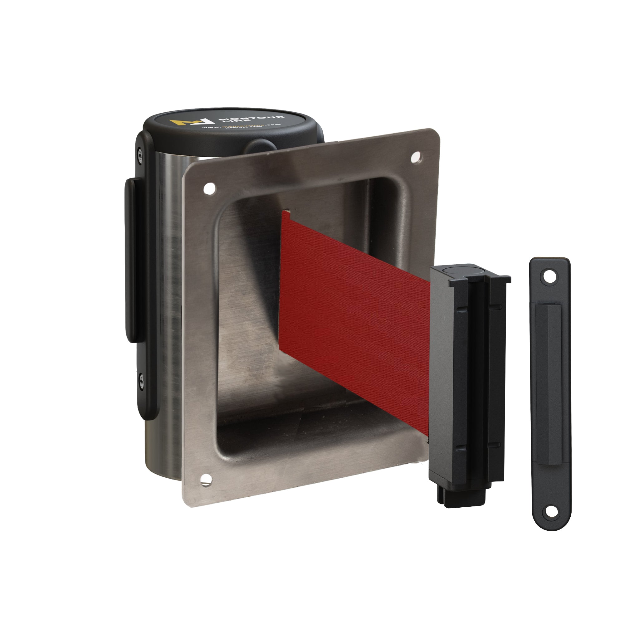 Wall Mounted Retractable Belt Barrier, Recessed Polished Stainless Steel Metal Case with Standard Belt End, 13 ft Belt - Montour Line WM115 - Crowd Control Warehouse