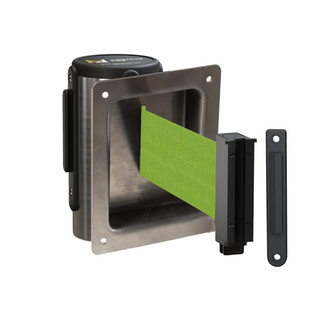 Wall Mounted Retractable Belt Barrier, Recessed Polished Stainless Steel Metal Case with Standard Belt End, 13 ft Belt - Montour Line WM115 - Crowd Control Warehouse