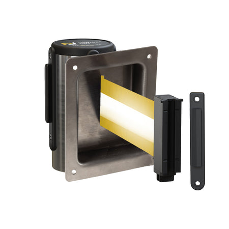 Wall Mounted Retractable Belt Barrier, Recessed Polished Stainless Steel Metal Case with Standard Belt End, 13 ft Belt - Montour Line WM115 - Crowd Control Warehouse