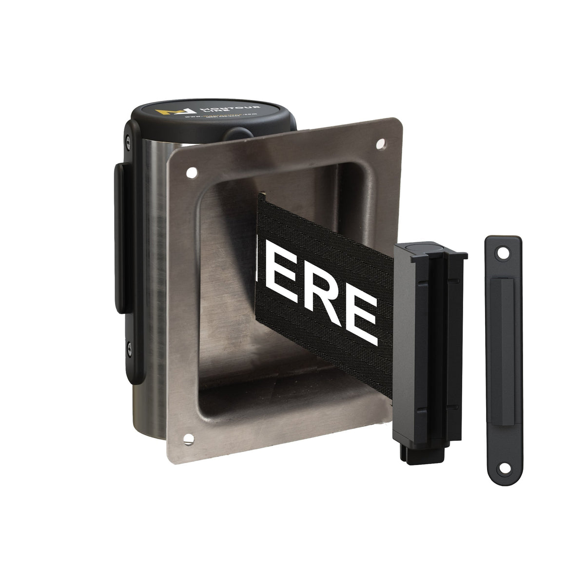 Wall Mounted Retractable Belt Barrier, Recessed Polished Stainless Steel Metal Case with Standard Belt End, 13 ft Belt - Montour Line WM115 - Crowd Control Warehouse