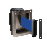 Wall Mounted Retractable Belt Barrier, Recessed Polished Stainless Steel Metal Case with Standard Belt End, 8.5 ft Belt - Montour Line WM115 - Crowd Control Warehouse