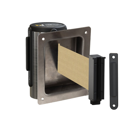 Wall Mounted Retractable Belt Barrier, Recessed Polished Stainless Steel Metal Case with Standard Belt End, 8.5 ft Belt - Montour Line WM115 - Crowd Control Warehouse