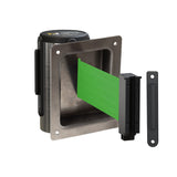 Wall Mounted Retractable Belt Barrier, Recessed Polished Stainless Steel Metal Case with Standard Belt End, 8.5 ft Belt - Montour Line WM115 - Crowd Control Warehouse