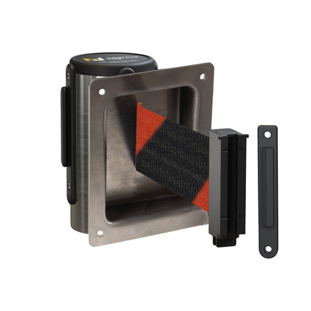 Wall Mounted Retractable Belt Barrier, Recessed Polished Stainless Steel Metal Case with Standard Belt End, 8.5 ft Belt - Montour Line WM115 - Crowd Control Warehouse