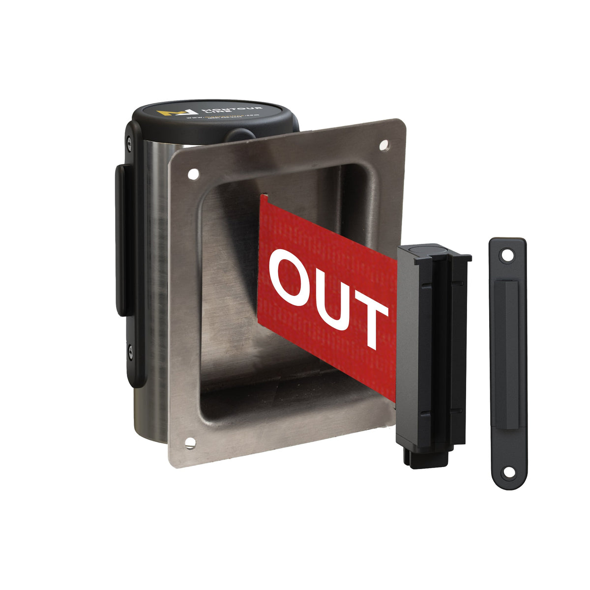 Wall Mounted Retractable Belt Barrier, Recessed Polished Stainless Steel Metal Case with Standard Belt End, 8.5 ft Belt - Montour Line WM115 - Crowd Control Warehouse