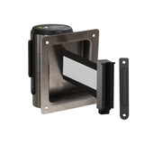 Wall Mounted Retractable Belt Barrier, Recessed Polished Stainless Steel Metal Case with Standard Belt End, 8.5 ft Belt - Montour Line WM115 - Crowd Control Warehouse
