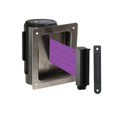 Wall Mounted Retractable Belt Barrier, Recessed Polished Stainless Steel Metal Case with Standard Belt End, 8.5 ft Belt - Montour Line WM115 - Crowd Control Warehouse