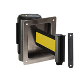 Wall Mounted Retractable Belt Barrier, Recessed Polished Stainless Steel Metal Case with Standard Belt End, 8.5 ft Belt - Montour Line WM115 - Crowd Control Warehouse