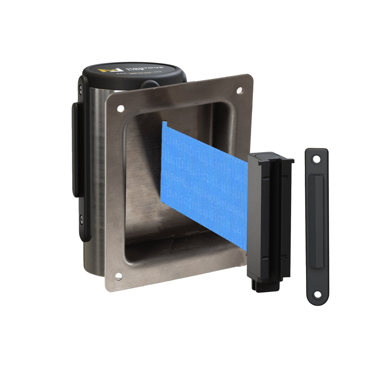 Wall Mounted Retractable Belt Barrier, Recessed Polished Stainless Steel Metal Case with Standard Belt End, 8.5 ft Belt - Montour Line WM115 - Crowd Control Warehouse