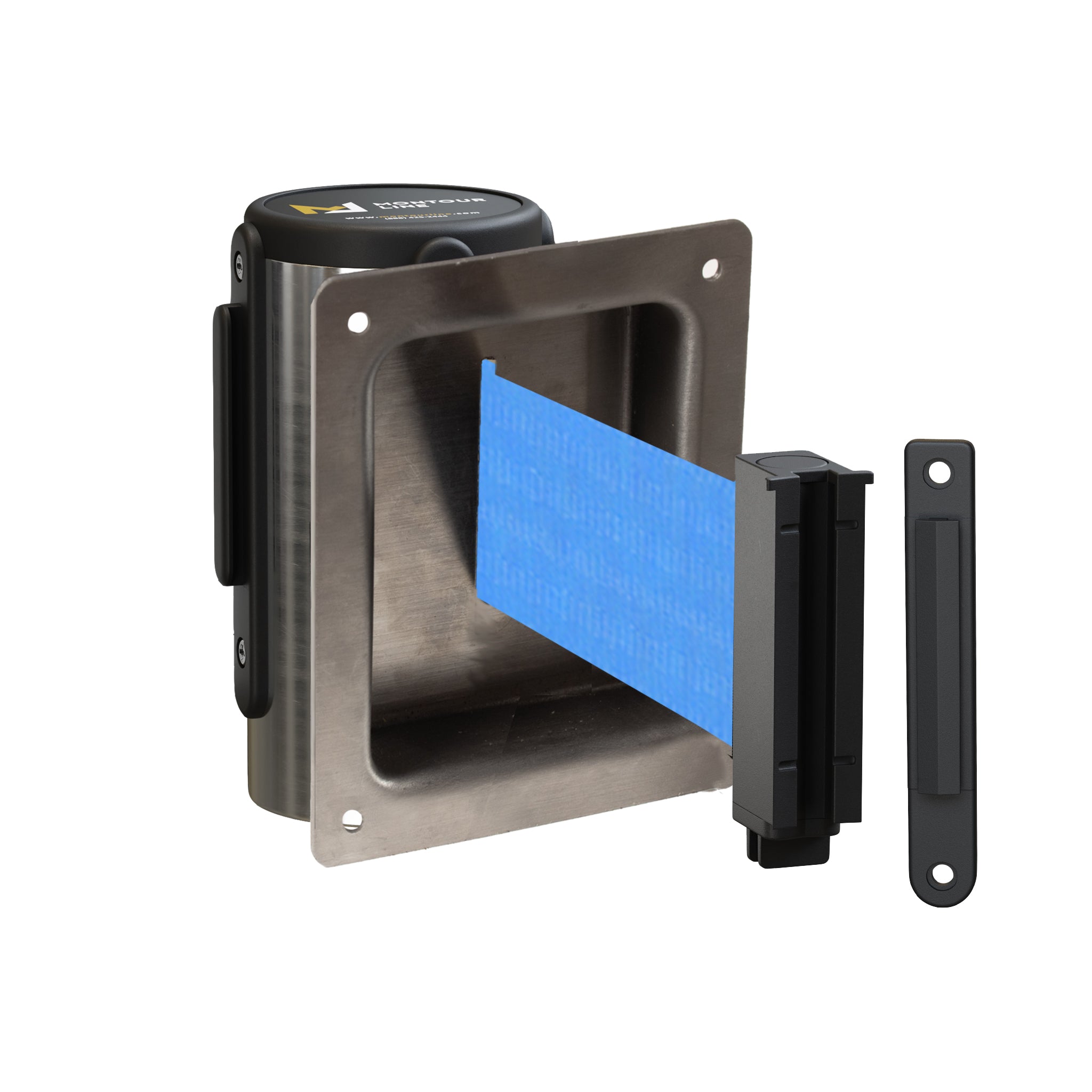 Wall Mounted Retractable Belt Barrier, Recessed Polished Stainless Steel Metal Case with Standard Belt End, 8.5 ft Belt - Montour Line WM115 - Crowd Control Warehouse