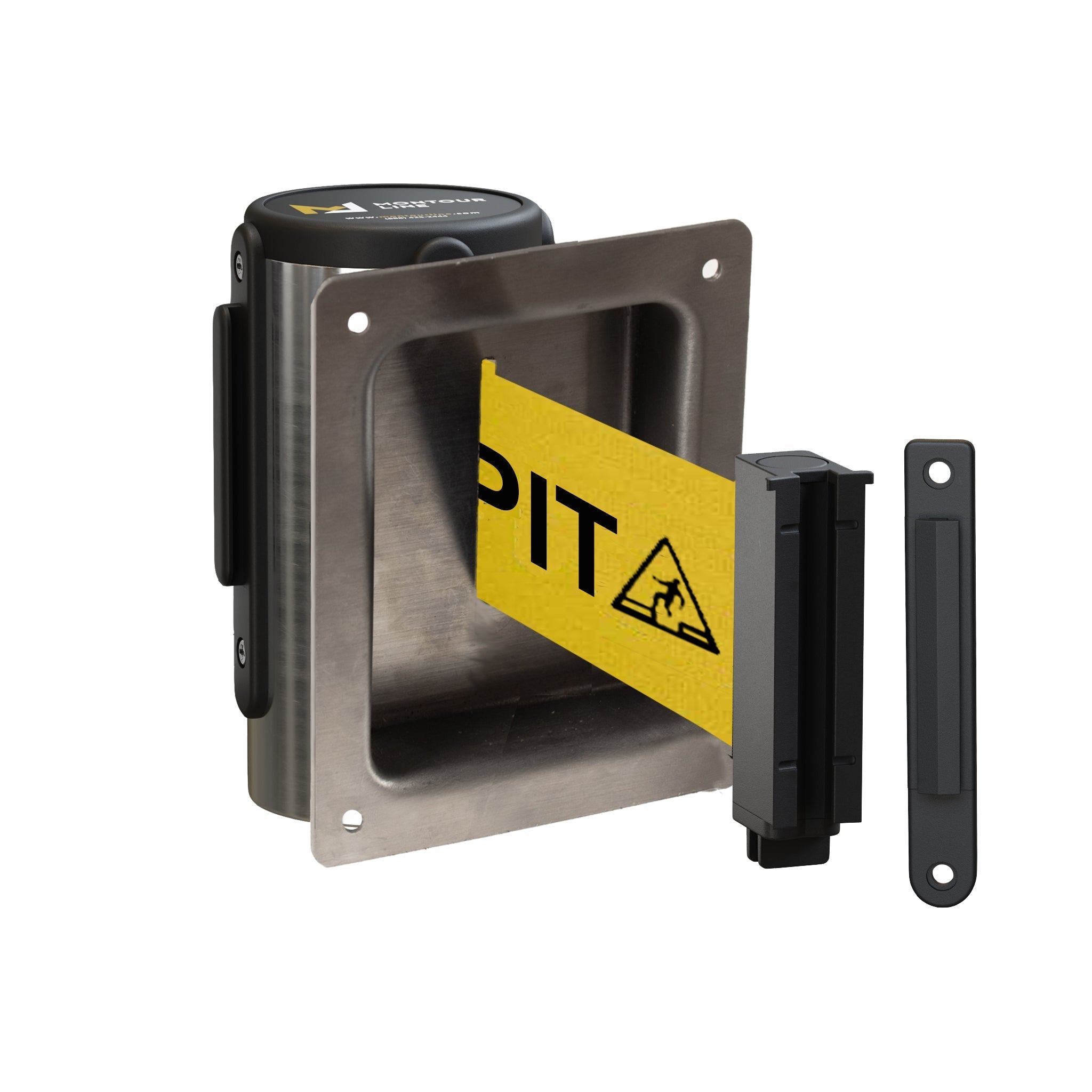 Wall Mounted Retractable Belt Barrier, Recessed Polished Stainless Steel Metal Case with Standard Belt End, 8.5 ft Belt - Montour Line WM115 - Crowd Control Warehouse