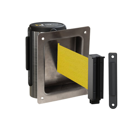 Wall Mounted Retractable Belt Barrier, Recessed Polished Stainless Steel Metal Case with Standard Belt End, 8.5 ft Belt - Montour Line WM115 - Crowd Control Warehouse