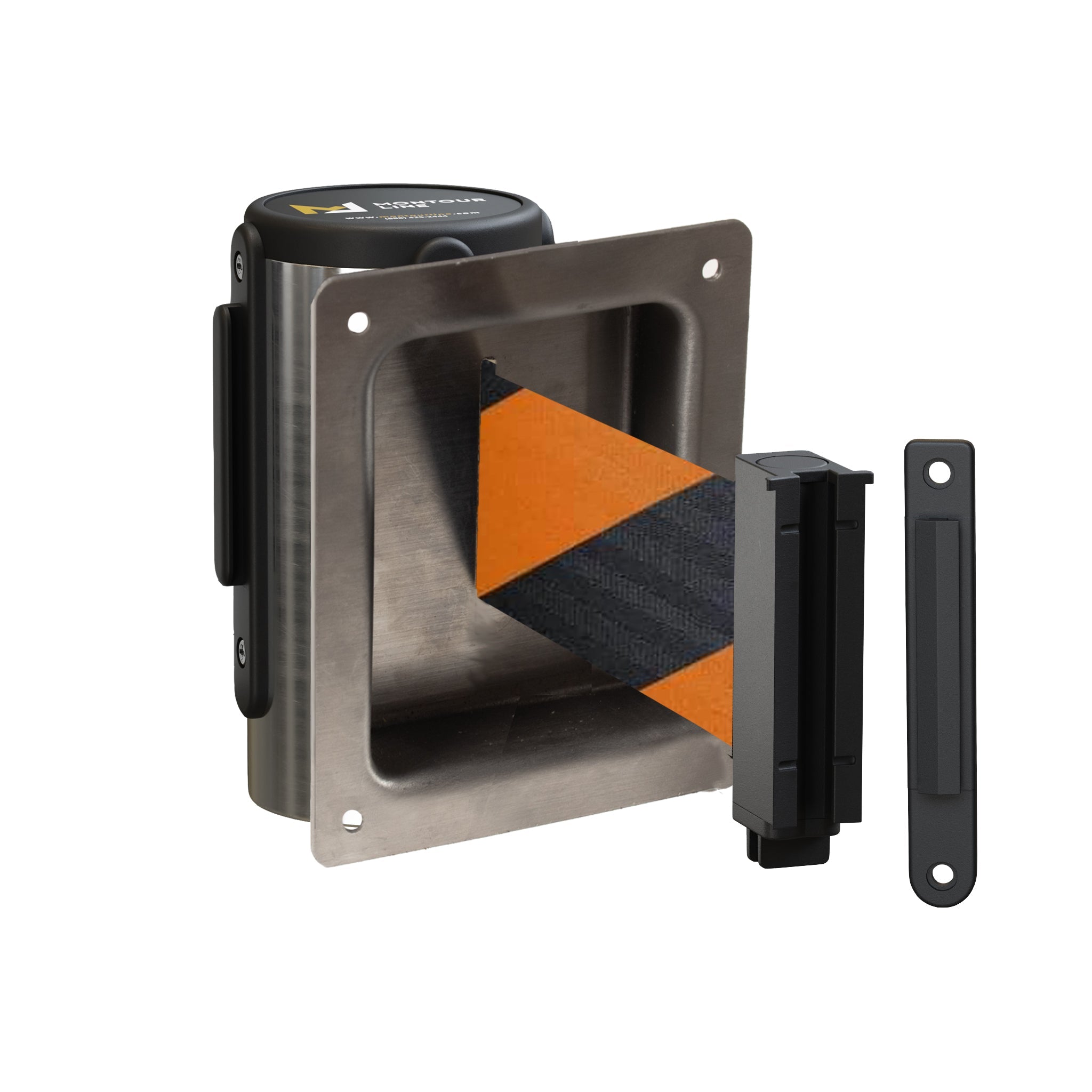 Wall Mounted Retractable Belt Barrier, Recessed Polished Stainless Steel Metal Case with Standard Belt End, 8.5 ft Belt - Montour Line WM115 - Crowd Control Warehouse