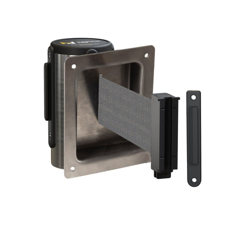 Wall Mounted Retractable Belt Barrier, Recessed Polished Stainless Steel Metal Case with Standard Belt End, 8.5 ft Belt - Montour Line WM115 - Crowd Control Warehouse