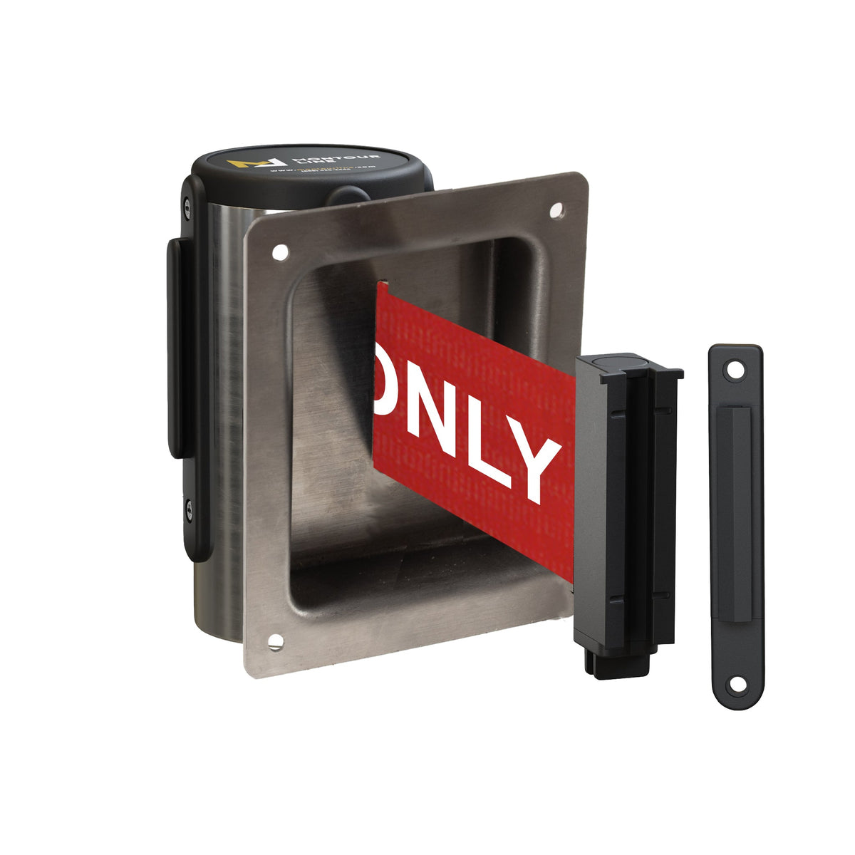 Wall Mounted Retractable Belt Barrier, Recessed Polished Stainless Steel Metal Case with Standard Belt End, 8.5 ft Belt - Montour Line WM115 - Crowd Control Warehouse