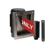 Wall Mounted Retractable Belt Barrier, Recessed Polished Stainless Steel Metal Case with Standard Belt End, 8.5 ft Belt - Montour Line WM115 - Crowd Control Warehouse