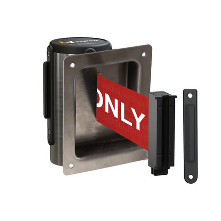 Wall Mounted Retractable Belt Barrier, Recessed Polished Stainless Steel Metal Case with Standard Belt End, 8.5 ft Belt - Montour Line WM115 - Crowd Control Warehouse