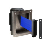 Wall Mounted Retractable Belt Barrier, Recessed Polished Stainless Steel Metal Case with Standard Belt End, 8.5 ft Belt - Montour Line WM115 - Crowd Control Warehouse