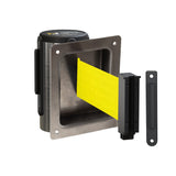 Wall Mounted Retractable Belt Barrier, Recessed Polished Stainless Steel Metal Case with Standard Belt End, 8.5 ft Belt - Montour Line WM115 - Crowd Control Warehouse