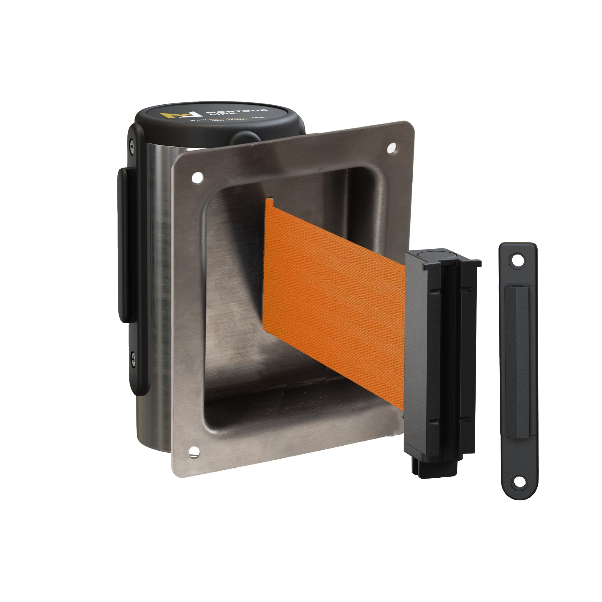 Wall Mounted Retractable Belt Barrier, Recessed Polished Stainless Steel Metal Case with Standard Belt End, 8.5 ft Belt - Montour Line WM115 - Crowd Control Warehouse