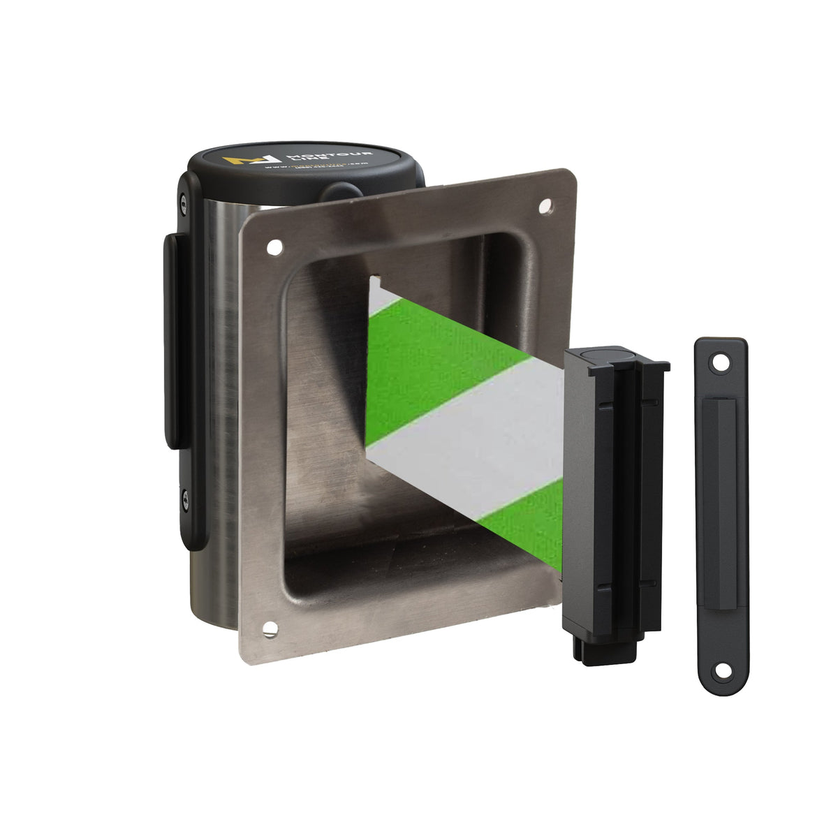 Wall Mounted Retractable Belt Barrier, Recessed Polished Stainless Steel Metal Case with Standard Belt End, 8.5 ft Belt - Montour Line WM115 - Crowd Control Warehouse