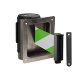 Wall Mounted Retractable Belt Barrier, Recessed Polished Stainless Steel Metal Case with Standard Belt End, 8.5 ft Belt - Montour Line WM115 - Crowd Control Warehouse