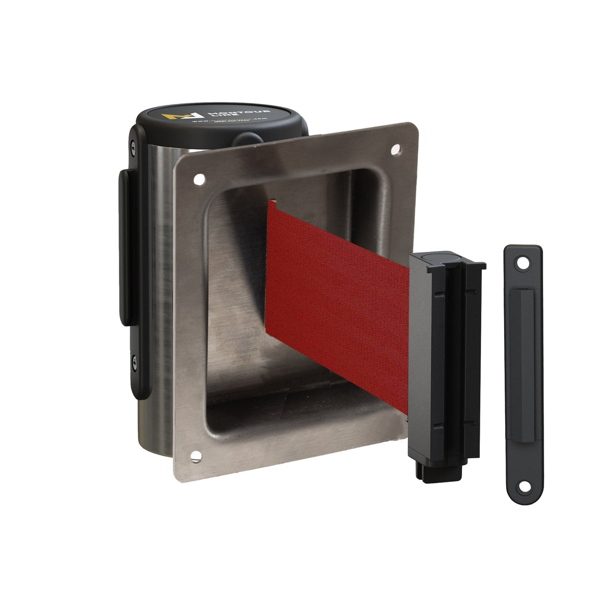 Wall Mounted Retractable Belt Barrier, Recessed Polished Stainless Steel Metal Case with Standard Belt End, 8.5 ft Belt - Montour Line WM115 - Crowd Control Warehouse