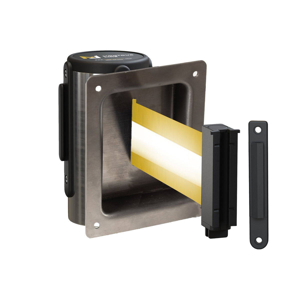 Wall Mounted Retractable Belt Barrier, Recessed Polished Stainless Steel Metal Case with Standard Belt End, 8.5 ft Belt - Montour Line WM115 - Crowd Control Warehouse