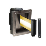 Wall Mounted Retractable Belt Barrier, Recessed Polished Stainless Steel Metal Case with Standard Belt End, 8.5 ft Belt - Montour Line WM115 - Crowd Control Warehouse