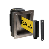 Wall Mounted Retractable Belt Barrier, Recessed Polished Stainless Steel Metal Case with Standard Belt End, 8.5 ft Belt - Montour Line WM115 - Crowd Control Warehouse