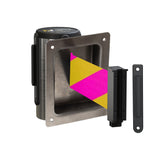 Wall Mounted Retractable Belt Barrier, Recessed Polished Stainless Steel Metal Case with Standard Belt End, 8.5 ft Belt - Montour Line WM115 - Crowd Control Warehouse