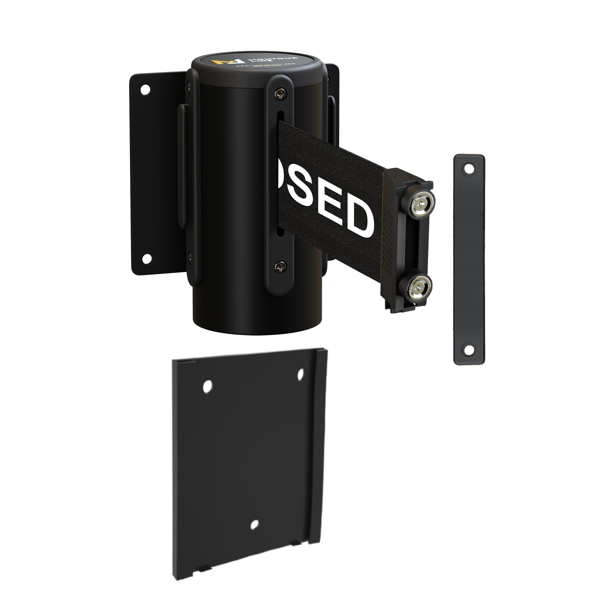 Wall Mounted Retractable Belt Barrier with Removable Plate, Black Steel Metal Case with Magnetic Belt End, 11 ft Belt - Montour Line WM115 - Crowd Control Warehouse