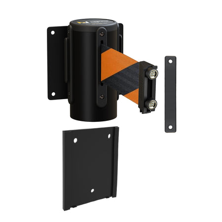 Wall Mounted Retractable Belt Barrier with Removable Plate, Black Steel Metal Case with Magnetic Belt End, 11 ft Belt - Montour Line WM115 - Crowd Control Warehouse