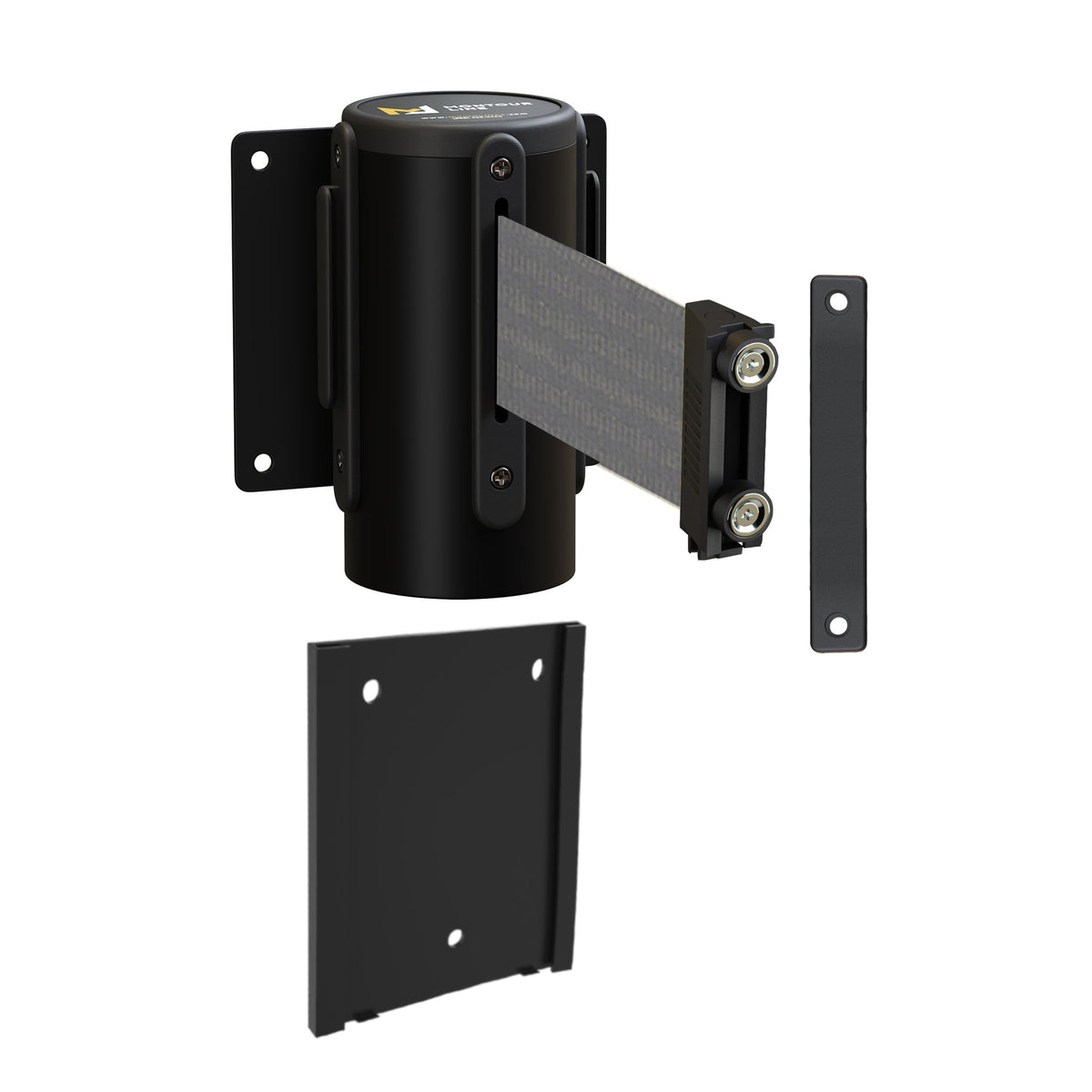 Wall Mounted Retractable Belt Barrier with Removable Plate, Black Steel Metal Case with Magnetic Belt End, 11 ft Belt - Montour Line WM115 - Crowd Control Warehouse