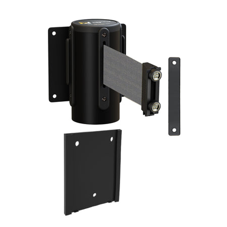 Wall Mounted Retractable Belt Barrier with Removable Plate, Black Steel Metal Case with Magnetic Belt End, 11 ft Belt - Montour Line WM115 - Crowd Control Warehouse