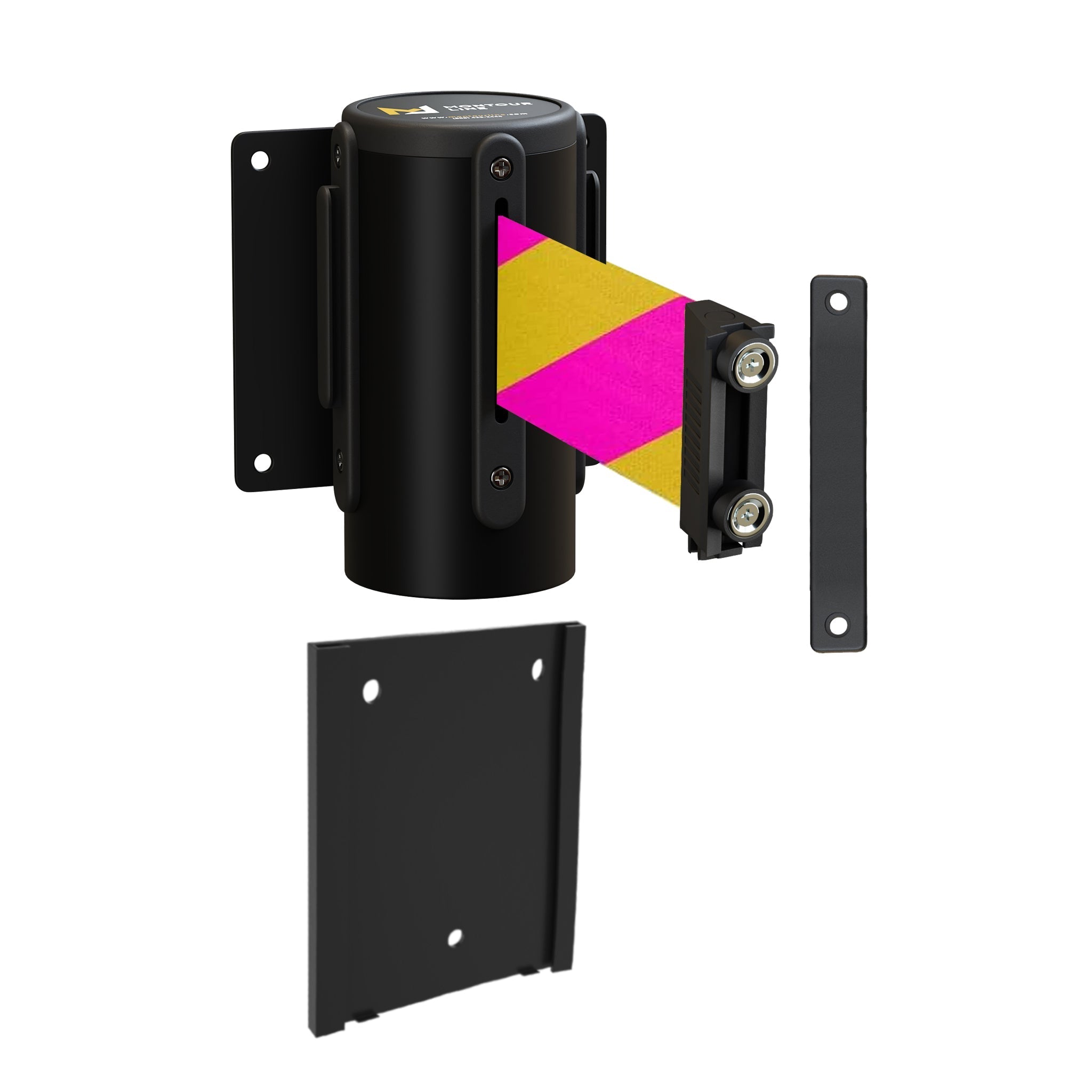 Wall Mounted Retractable Belt Barrier with Removable Plate, Black Steel Metal Case with Magnetic Belt End, 11 ft Belt - Montour Line WM115 - Crowd Control Warehouse