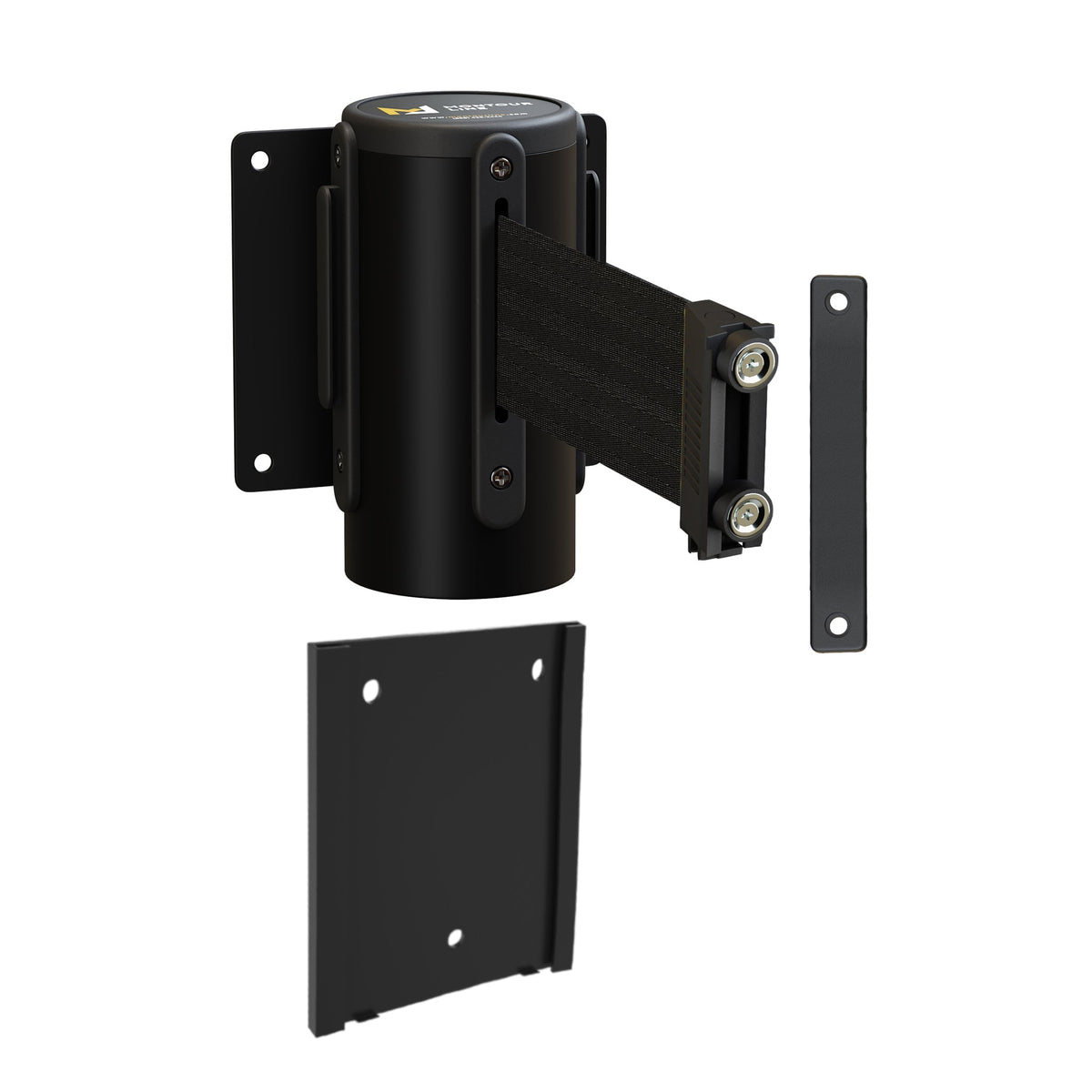 Wall Mounted Retractable Belt Barrier with Removable Plate, Black Steel Metal Case with Magnetic Belt End, 11 ft Belt - Montour Line WM115 - Crowd Control Warehouse