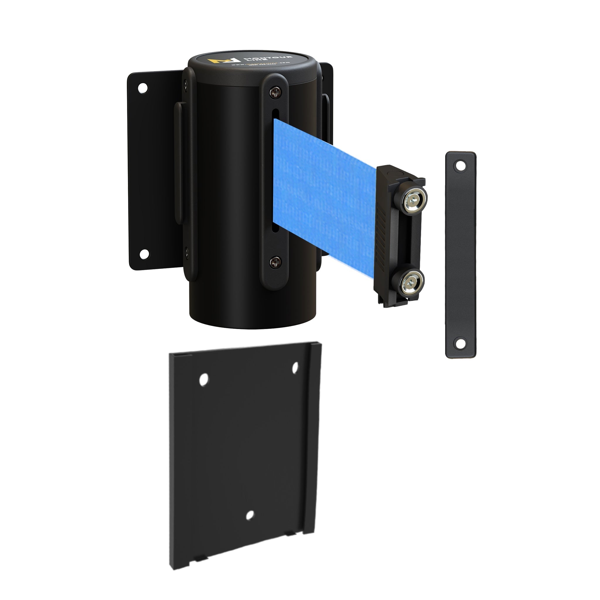 Wall Mounted Retractable Belt Barrier with Removable Plate, Black Steel Metal Case with Magnetic Belt End, 11 ft Belt - Montour Line WM115 - Crowd Control Warehouse