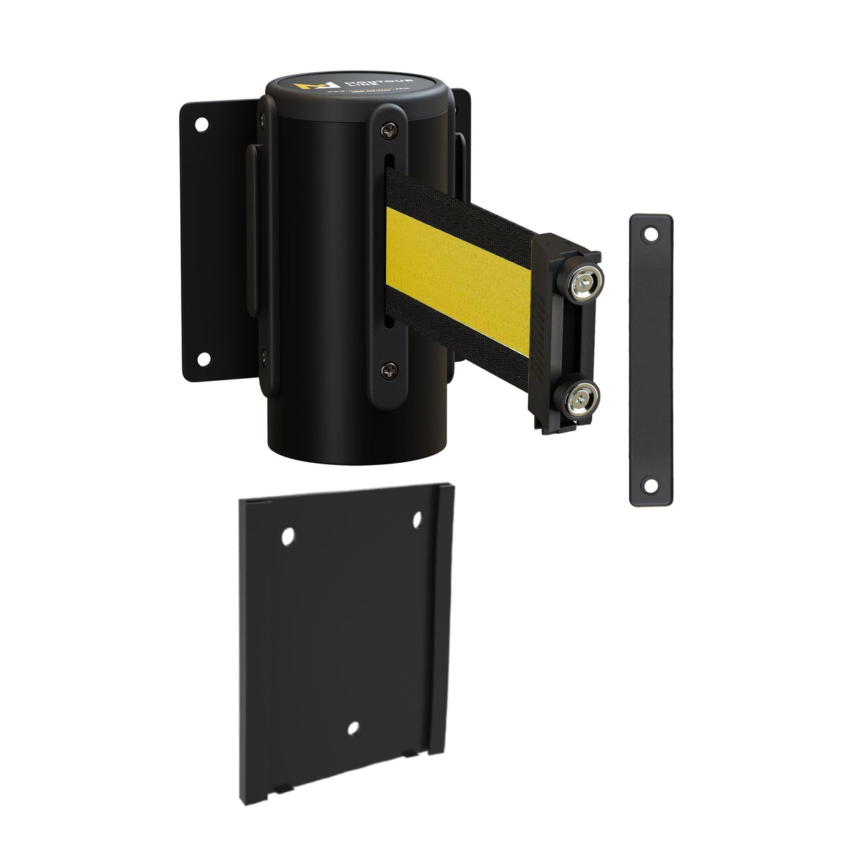 Wall Mounted Retractable Belt Barrier with Removable Plate, Black Steel Metal Case with Magnetic Belt End, 11 ft Belt - Montour Line WM115 - Crowd Control Warehouse