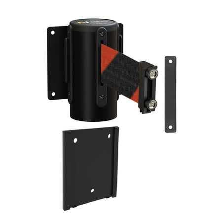 Wall Mounted Retractable Belt Barrier with Removable Plate, Black Steel Metal Case with Magnetic Belt End, 11 ft Belt - Montour Line WM115 - Crowd Control Warehouse