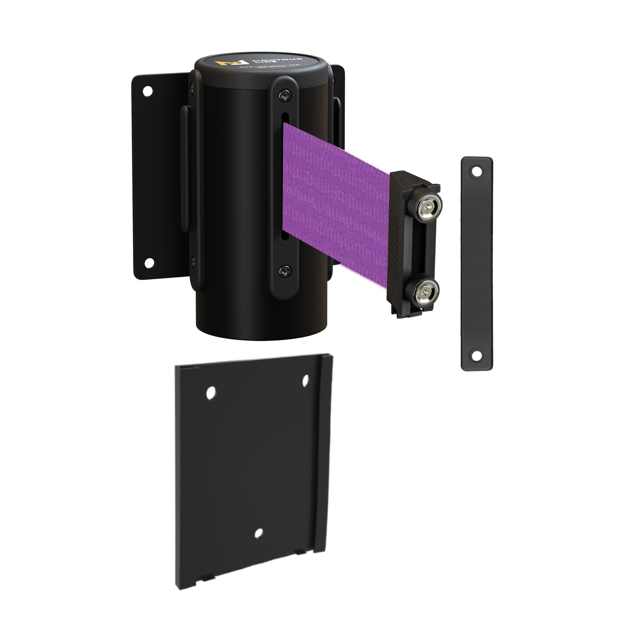 Wall Mounted Retractable Belt Barrier with Removable Plate, Black Steel Metal Case with Magnetic Belt End, 11 ft Belt - Montour Line WM115 - Crowd Control Warehouse