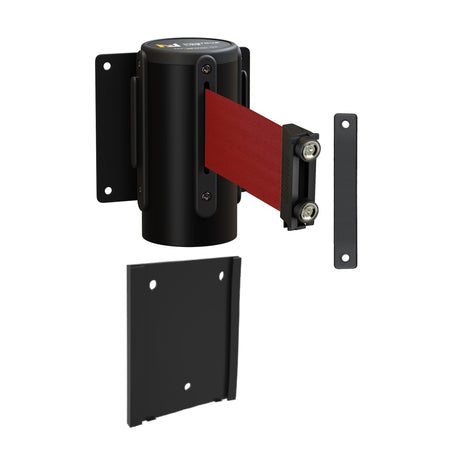 Wall Mounted Retractable Belt Barrier with Removable Plate, Black Steel Metal Case with Magnetic Belt End, 11 ft Belt - Montour Line WM115 - Crowd Control Warehouse