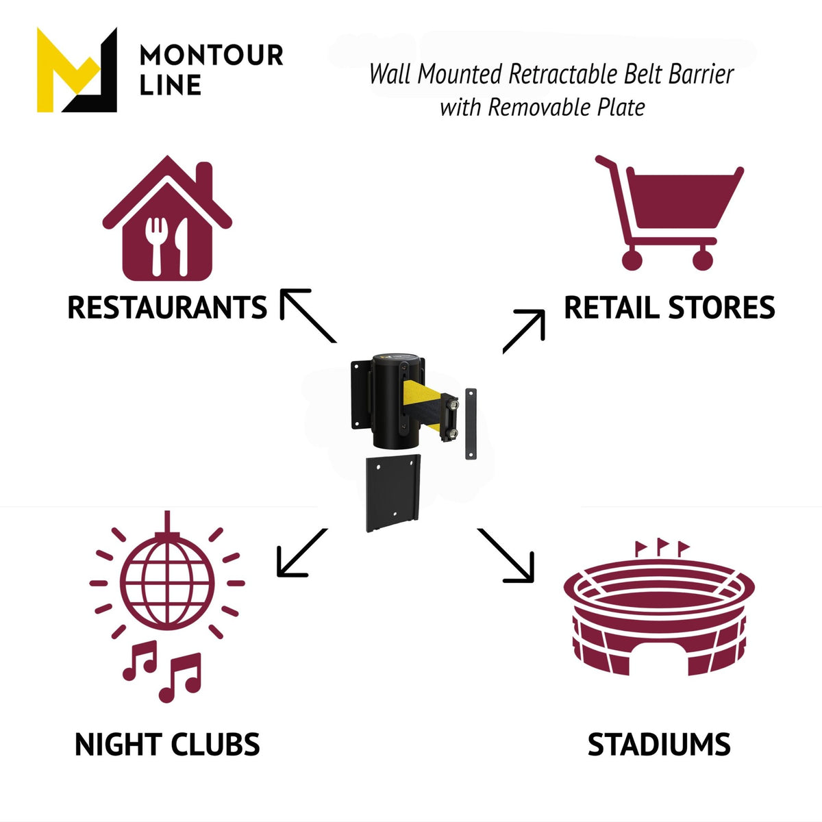 Wall Mounted Retractable Belt Barrier with Removable Plate, Black Steel Metal Case with Magnetic Belt End, 11 ft Belt - Montour Line WM115 - Crowd Control Warehouse