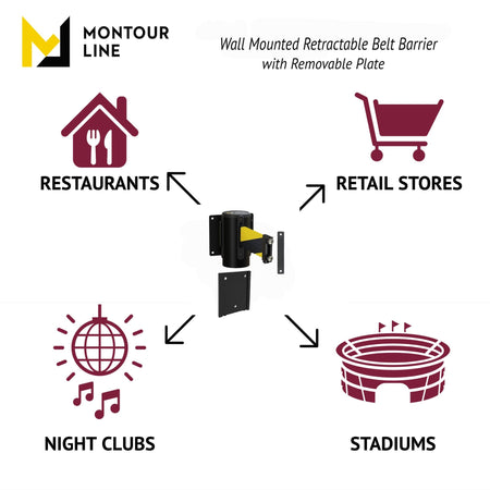 Wall Mounted Retractable Belt Barrier with Removable Plate, Black Steel Metal Case with Magnetic Belt End, 11 ft Belt - Montour Line WM115 - Crowd Control Warehouse