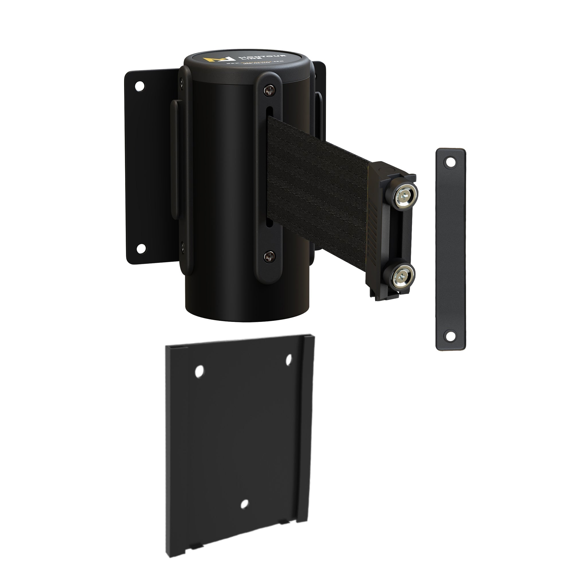 Wall Mounted Retractable Belt Barrier with Removable Plate, Black Steel Metal Case with Magnetic Belt End, 13 ft Belt - Montour Line WM115 - Crowd Control Warehouse
