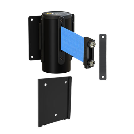 Wall Mounted Retractable Belt Barrier with Removable Plate, Black Steel Metal Case with Magnetic Belt End, 13 ft Belt - Montour Line WM115 - Crowd Control Warehouse